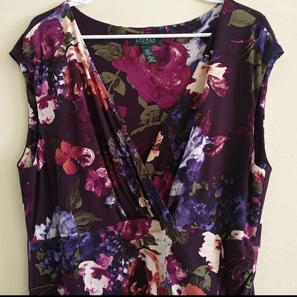 Lauren Ralph Lauren Sheath Dress 14 Purple Floral V Neck Stretch Faux Wrap Midi - Picture 6 of 7